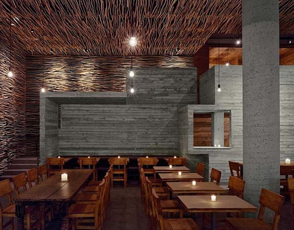 Fantastic wood, concrete and twigs restaurant design in New York City