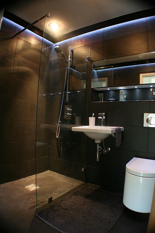 wet shower contemporary bathroom modern rooms lighting wetroom dark toilet slate tile light masculine led lights decoist inspiration manly bath