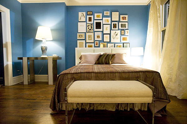 modern bedroom with blue walls