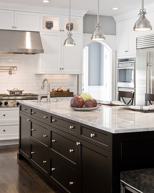 white kitchen cabinets with dark island