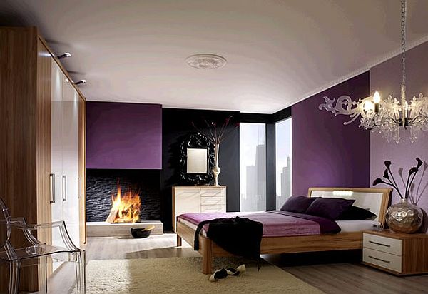 Purple luxury bedroom with grey walls and fireplace Soak up Some Ultra Violet Rays: How To Decorate With Purple In Dynamic Ways