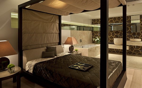 cream & brown master bedroom with ensuite bathroom - Decoist