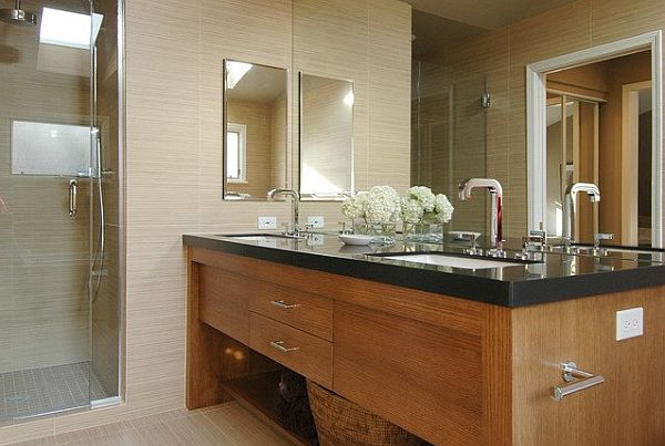 beautiful bathroom design with golden oak with black counters
