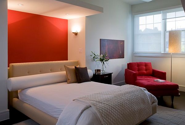 ... red tiles shower area Bedroom design with red accent wall behind bed