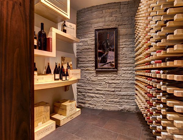 Wine cellar with a stylish wooden horizontal wine rack and shelves ...