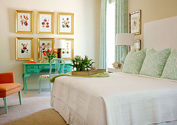 mint green and orange bedroom - Decoist