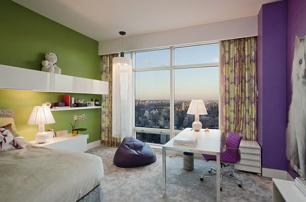 green purple bedroom