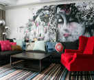 Colorful living room with crazy wallpaper