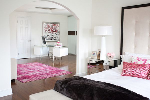 Modern bedroom and home office combo, with pink accents (rug and ...