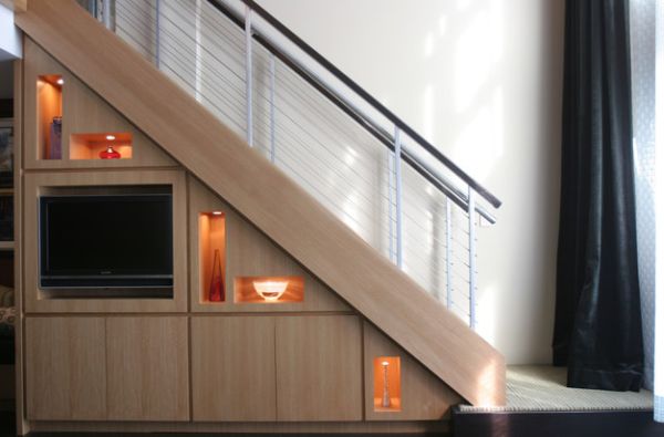 Custom staircase with illuminated modern shelves