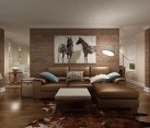 living room with exposed brick wall