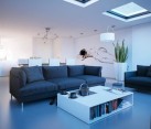 Cool blue living room stylishly lit up by daft placing of  skylights