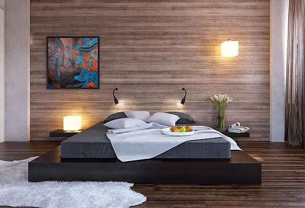 Black platform bed with a modern wood clad bedroom wall