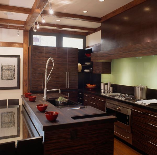 Modern Asian kitchen design engulfed in ample dark wood