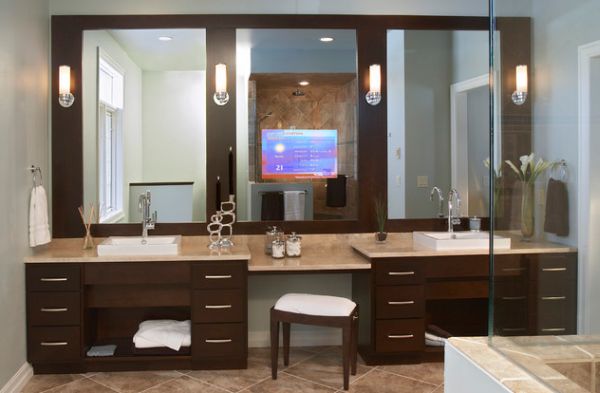 bathroom vanity design with stunning use of mirrors and lighting 