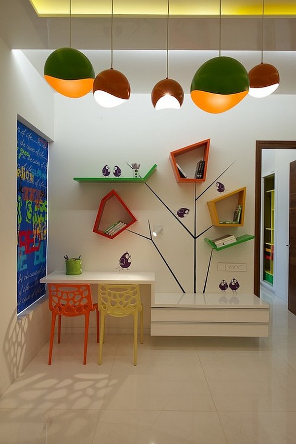 Contemporary kids room with fancy wall shelves