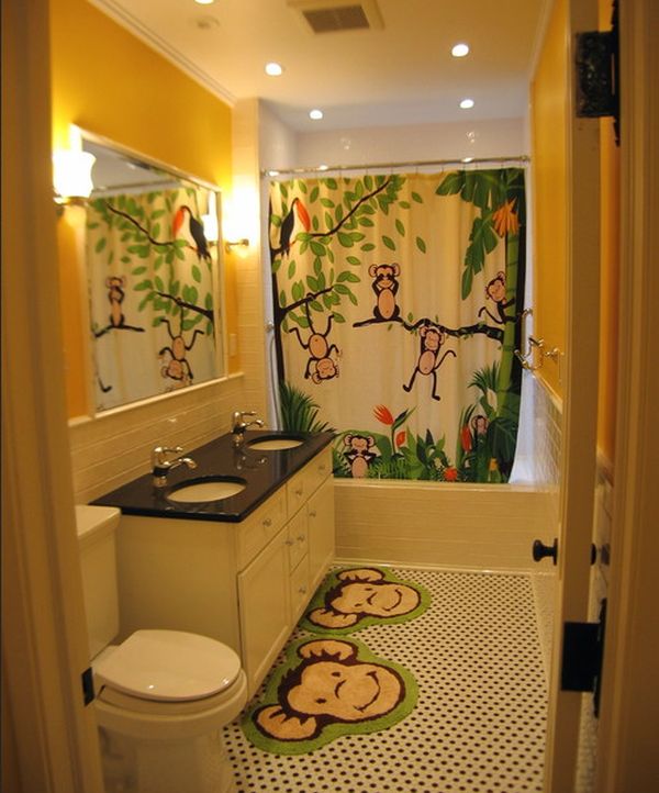 Playful and vivid jungle theme surely lights up this bathroom design with glee