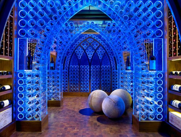 Blue LED lighting and clear acrylic create a stunning modern wine cellar
