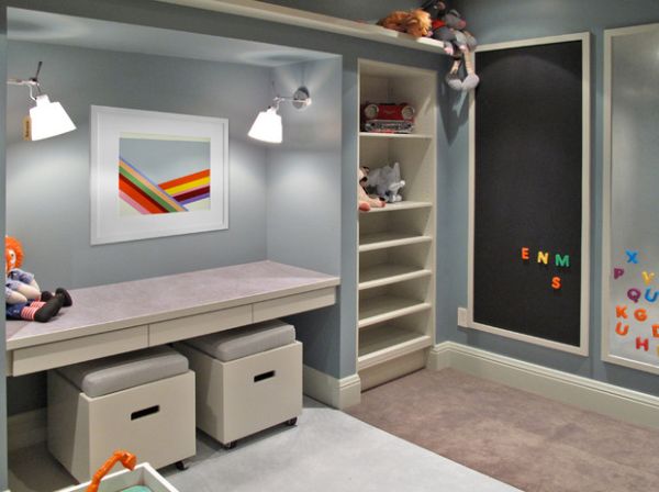desk playroom space study interesting seating options storage contemporary area built basement modern colorful designs magnetic playrooms table play office