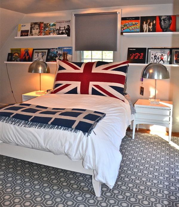 Large Union Jack pillow in the bedroom offers vivid contrast