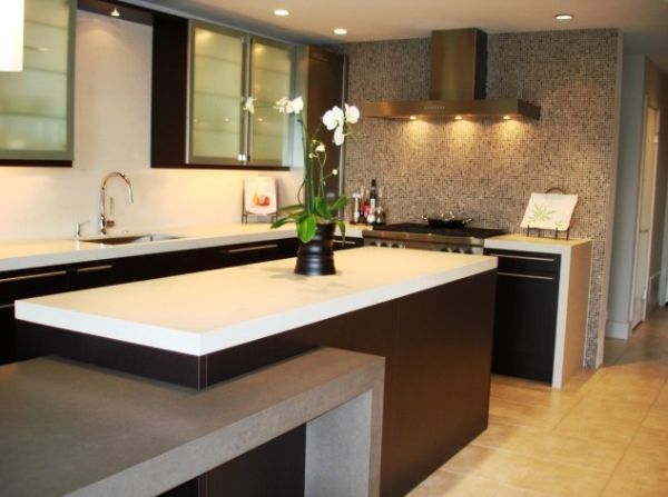 Lovely wall cabinets with frosted glass doors for an eclectic kitchen