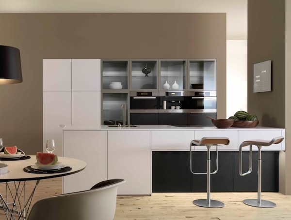 Minimalist modern kitchen with glass cabinets