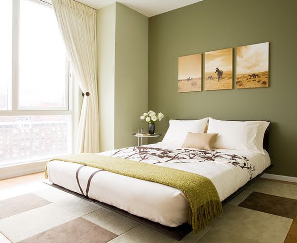 Contemporary bedroom with a floral pattern and green color scheme