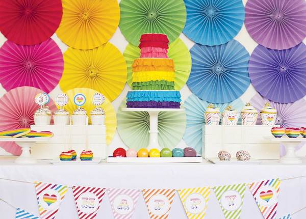 Ruffled rainbow dessert table