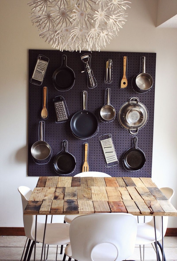 Pegboard pot rack with chalk outlines