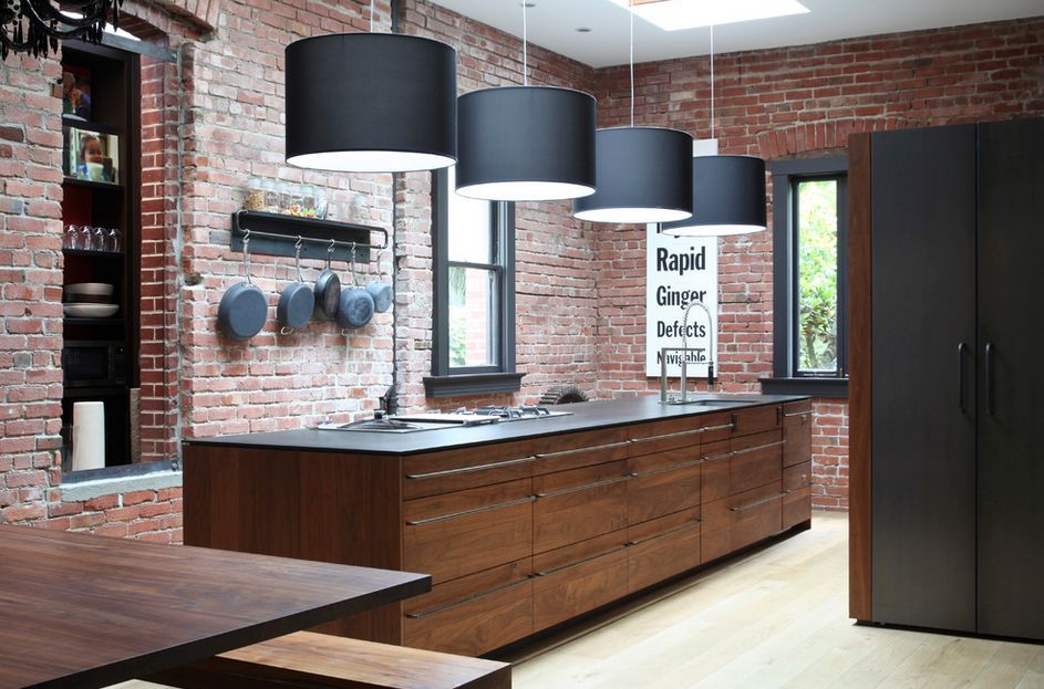 exposed brick wall in kitchen