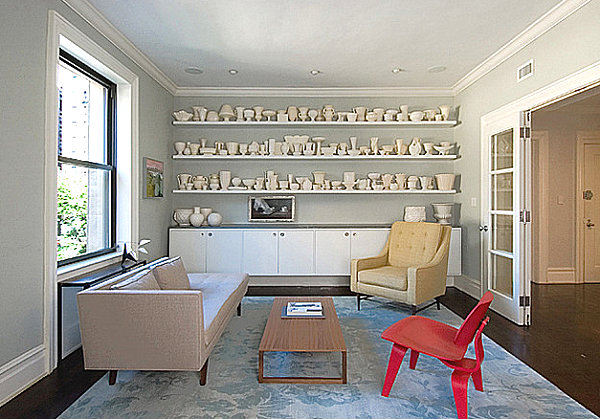 White ceramics in a modern living room How to Display a Collection with Flair