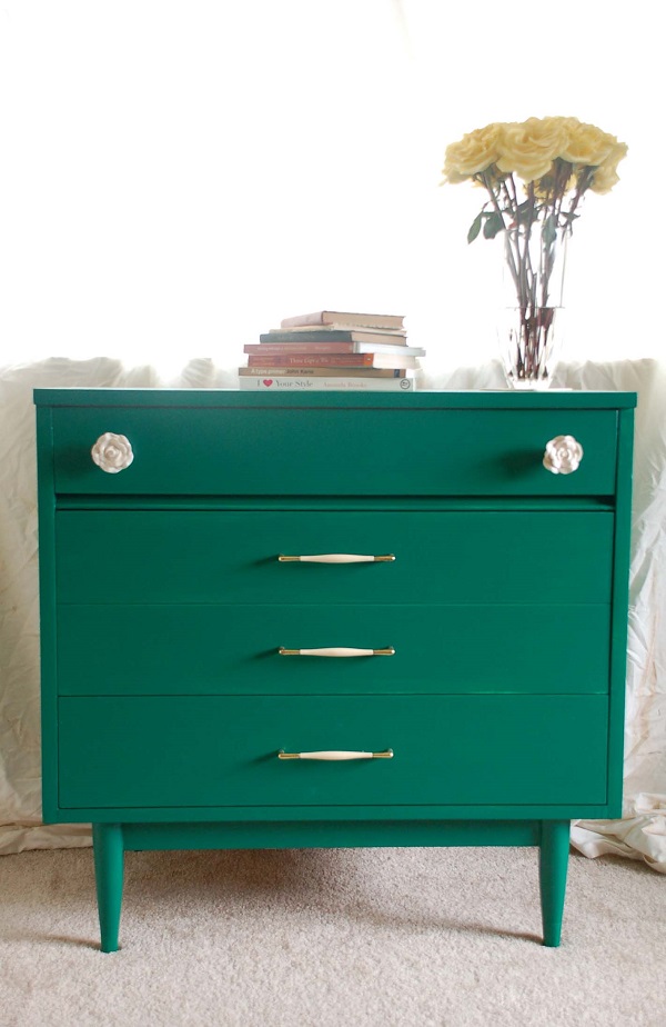 Emerald green dresser with white and gold pulls