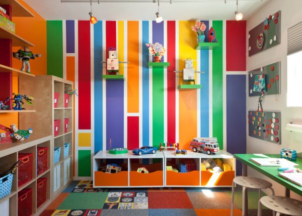Bright and vibrant kids playroom sports a colorful look