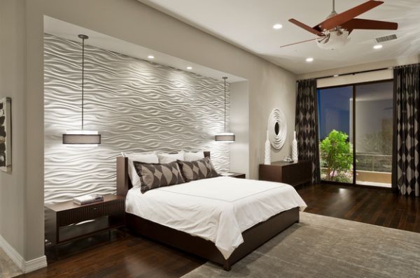 Phòng ngủ hiện đại tuyệt đẹp với một perfctly sáng kết cấu tường đầu giường chiếu sáng ý tưởng: Pendant Lights Và Sconces Trong phòng ngủ