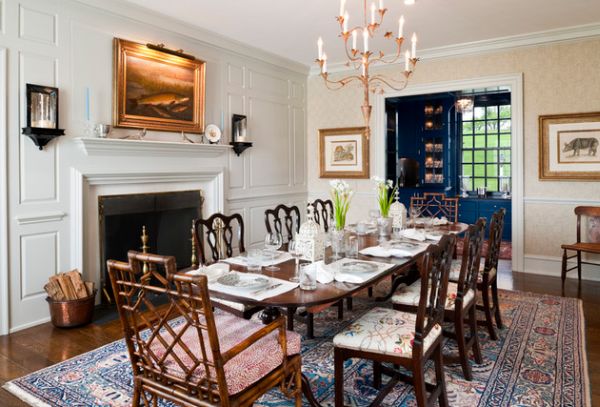 farmhouse dining room with fireplace