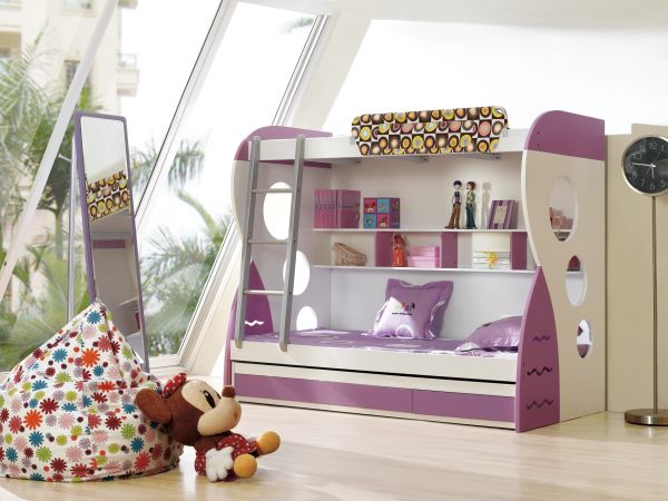 White and purple bunk bed for girlsâ€™ bedroom