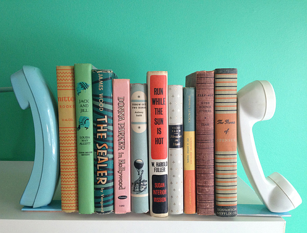 creative diy telephone bookends 10 DIY Inspiring Bookshelf Designs