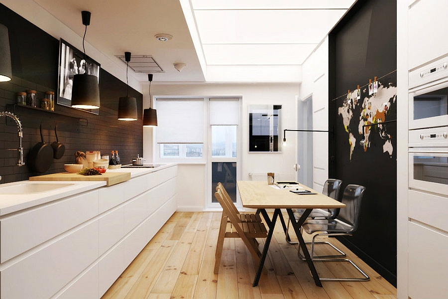Large black pendants above the kitchen counter
