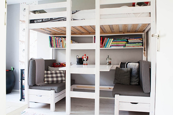 A great work area and conversation nook under the loft bunk bed