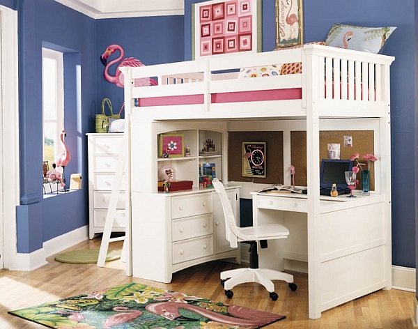 Beautiful loft bed in pink and white with a desk underneath