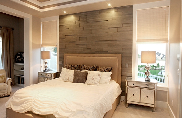Wood slats give the bedroom accent wall an inviting warmth