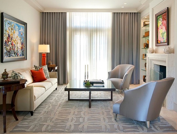 Bright pops of red accents in minimal living room