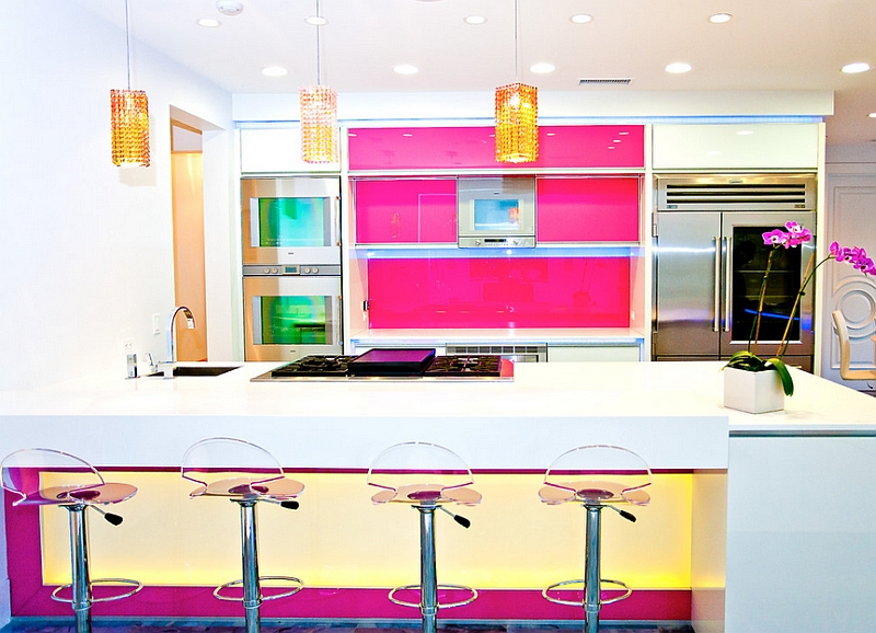 Neon brilliance of hot pinks shines through in this kitchen