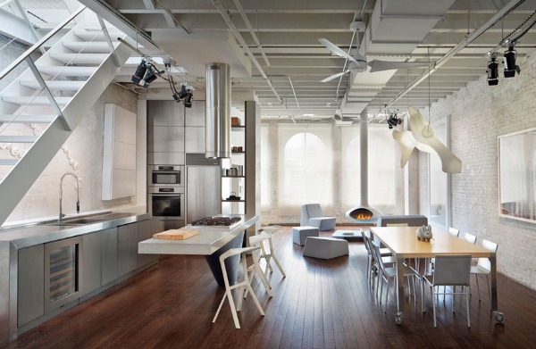 industrial steel kitchen soho architecture loft stainless penthouse da rooftop kitchens style york modern sa terrace hanging interior fireplace indoors