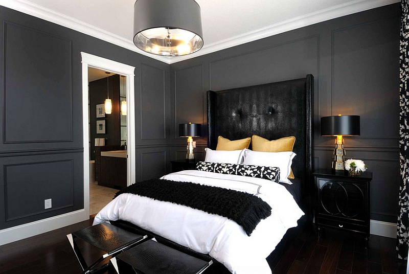 white bedroom with black furniture