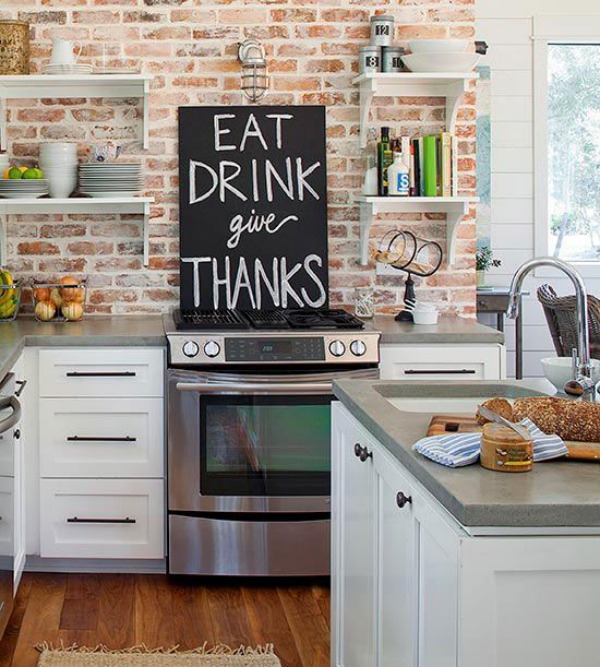 Modern White Kitchen Cabinets With Brick Backsplash with Best Design