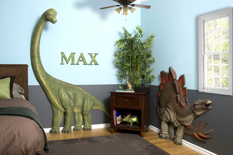 Dinosaur themed boys bedroom with 3D wall additions
