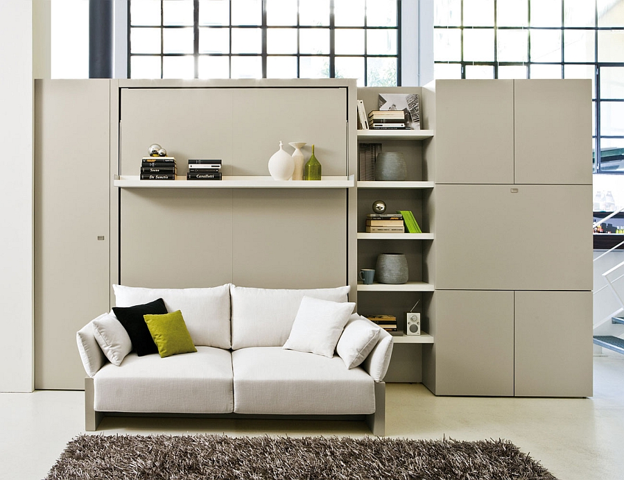 Murphy bed wall unit with sofa, storgae and display shelves