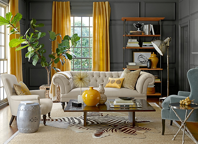 living room with yellow curtains