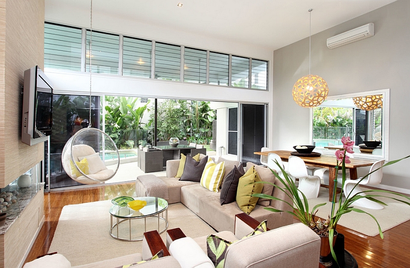 Breezy modern living room with the iconic Bubble Chair and the lovely Coral Pendant